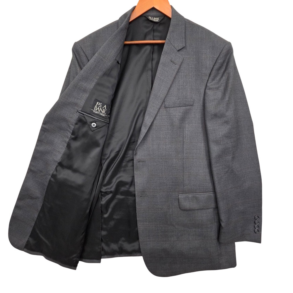 Jos A Bank Travelers Tailored Fit Blazer Wool Mens 46L Gray Windowpane Plaid